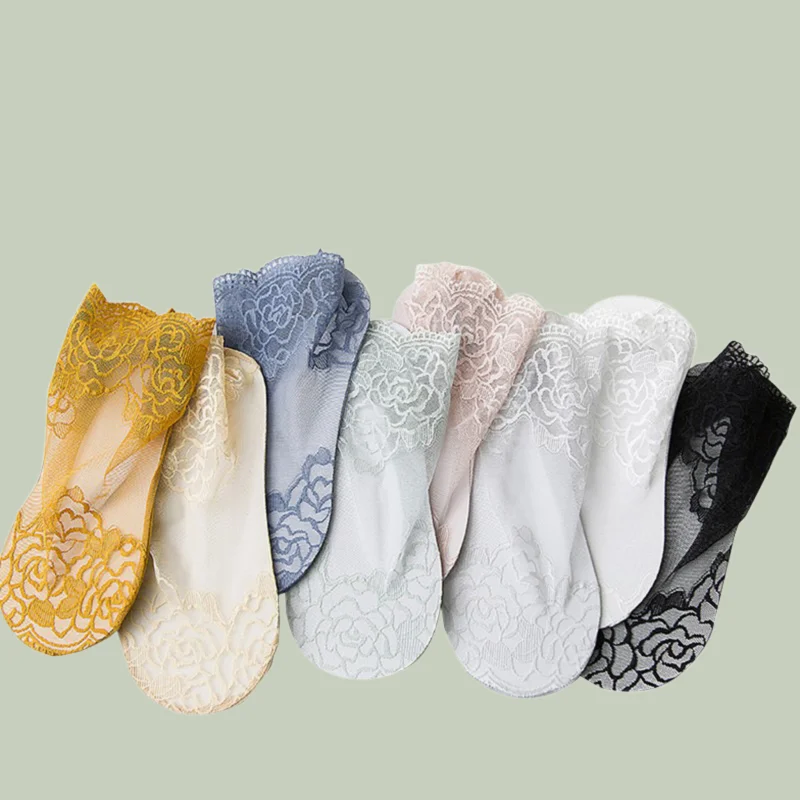 2/5 Pairs New Lace Short Socks Thin Mid-tube Stockings Spring And Summer Sweat-absorbent Non-slip Invisible Ladies Boat Socks