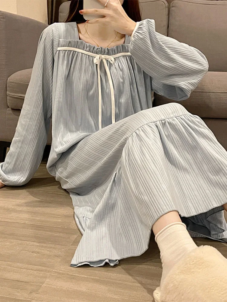 Cotton Solid Square Collar Women's Home Pajamas Spring Fall Sweet Bow Long Maternity Nightdress Ladies Loose Casual Nightgown