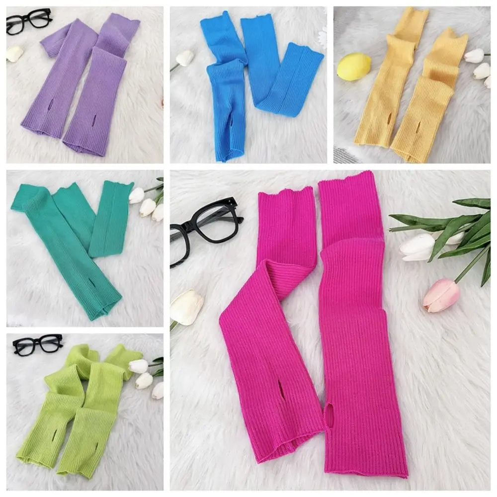 Sarung tangan panjang warna Solid, pemanas lengan warna elastis, sarung tangan panjang rajut lengan hangat gaya Korea, sarung tangan tanpa jari manis Lolita