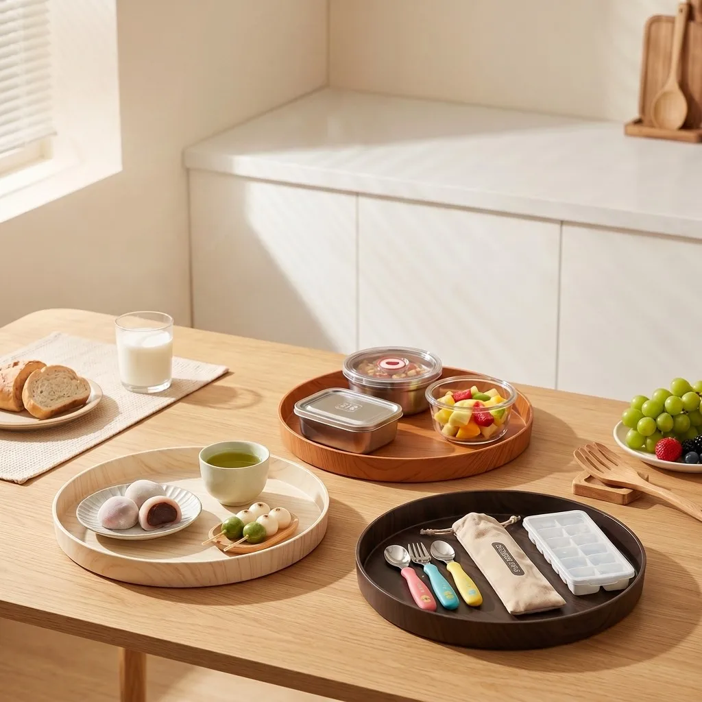 Round Plastic Serving Tray Wood Grain Decorative Tray Kitchen Organizers for Food Coffee Tea Breakfast Stackable Storage Tray