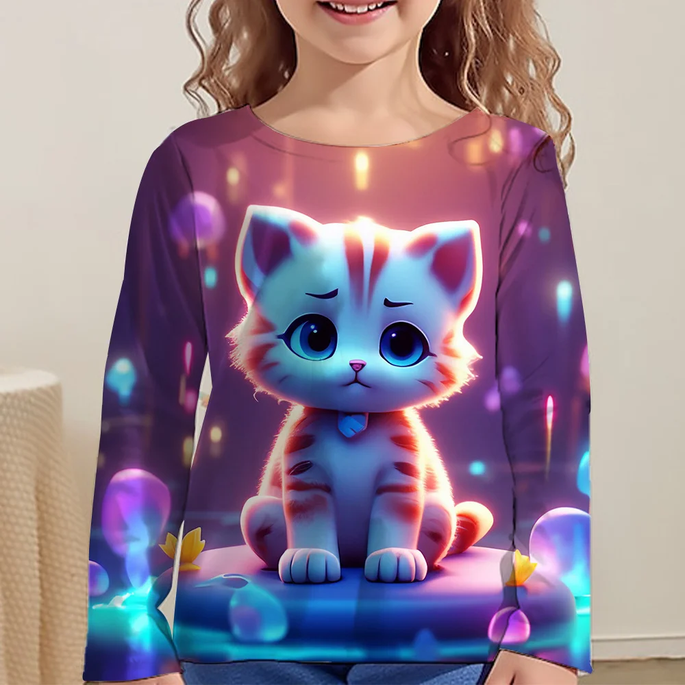 Kinder Kleidung Mädchen T-Shirts Top Langarm Kinder T-Shirt Nette Katze Drucken Casual Kinder Sommer Herbst Kleidung Mädchen Kleidung – Detail 8