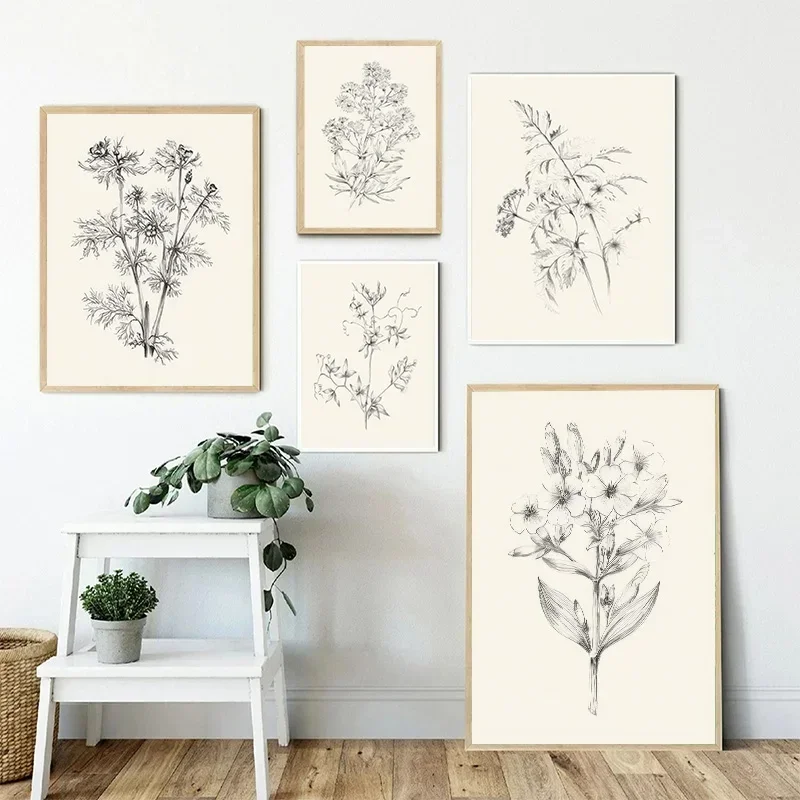 Vintage Floral Wall Art Canvas Painting Print Black and White Plant Leaf Flower Posters for Bedroom Gallery Home Aesthetic Decor