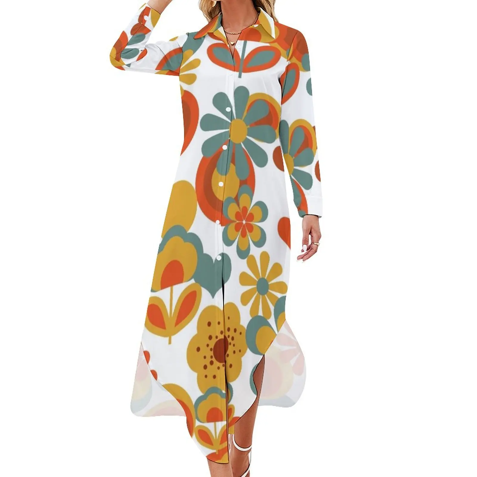 

70s Flower Power Long Sleeved Shirt Dress women's clothing summer 2024 novelties Woman fashion beach dresses loose summer dress