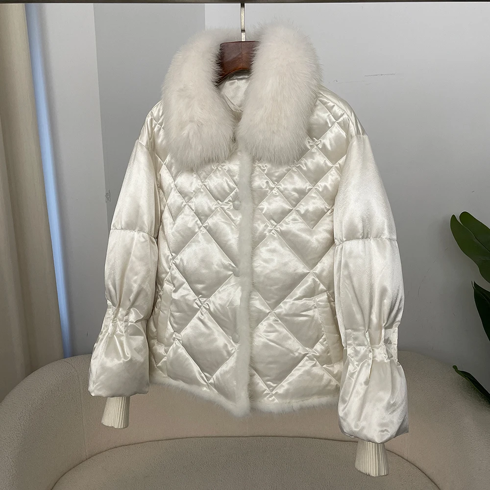 OFTBUY Real Mink Fur Puffer Jacket Natural Fox Fur Jacket Women Autumn Winter Large Fur Collar Short Casual White Duck Down Coat