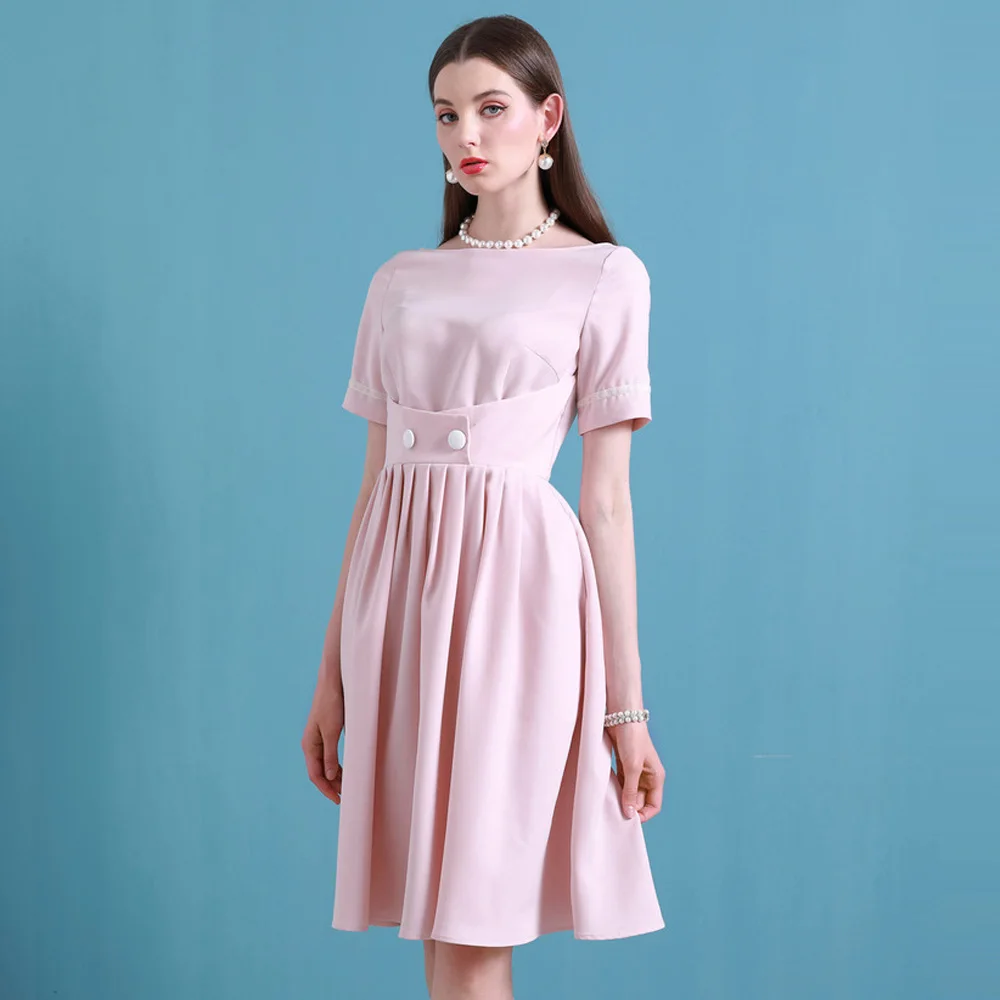 High End Hepburn Style Lady One Line Collar Dress 2021 Summer Medium Length Pleated Skirt Female Pink