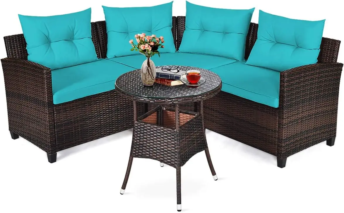 

Набор угловых диванов для улицы из 4 предметов со стеклянным столом, секция из бирюзового плетеного ротанга для сада, балкона у бассейна