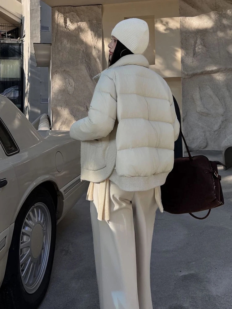 Winter Knit Splicing Stand Collar Down Jacket Women White Duck Down Zipper Short Outwears Female Big Pocket Warm Parker Jacket