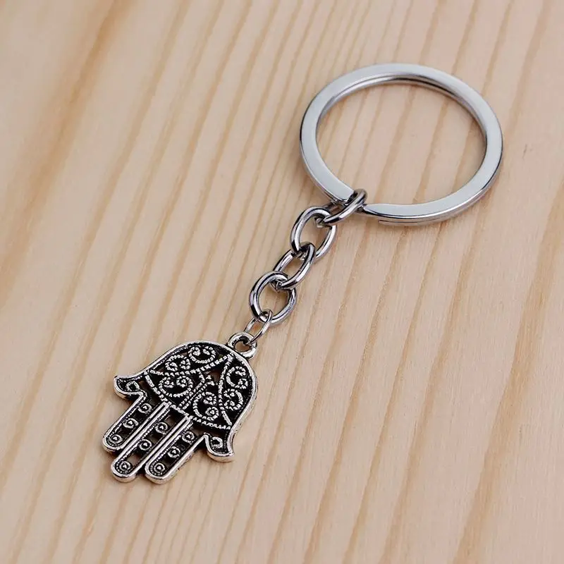 Fashion Hamsa Palm Fatima Hand 28x19mm Pendant 30mm Key Ring Chain Silver Color Men Car Gift Souvenirs Keychain Dropshipping