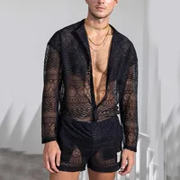 New Arrivals 2022 Men Set Summer Sexy See Through Lace Outfits Beach Fashion Short Sleeved Tops And Shorts Mens Two Piece Suits 4