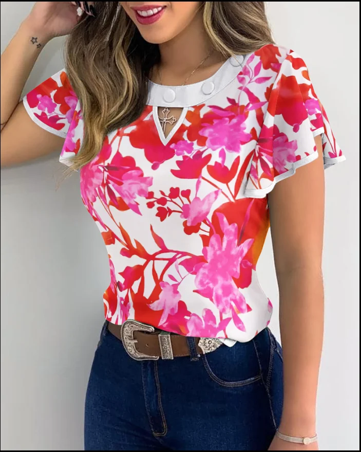 

Women's Casual Vacation T-Shirt 2025 Spring Summer Round Neck Ruffled Short Sleeved Shirt Hot Stamping Polka Dot Top Blouses