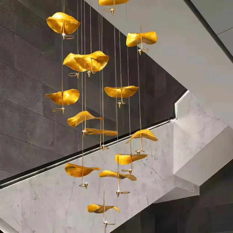 

New Multiple Heads Copper Gold Lotus Staircase Led Chandelier for Villa Stair Lighting Fixtures Home Indoor Hanging Lamp