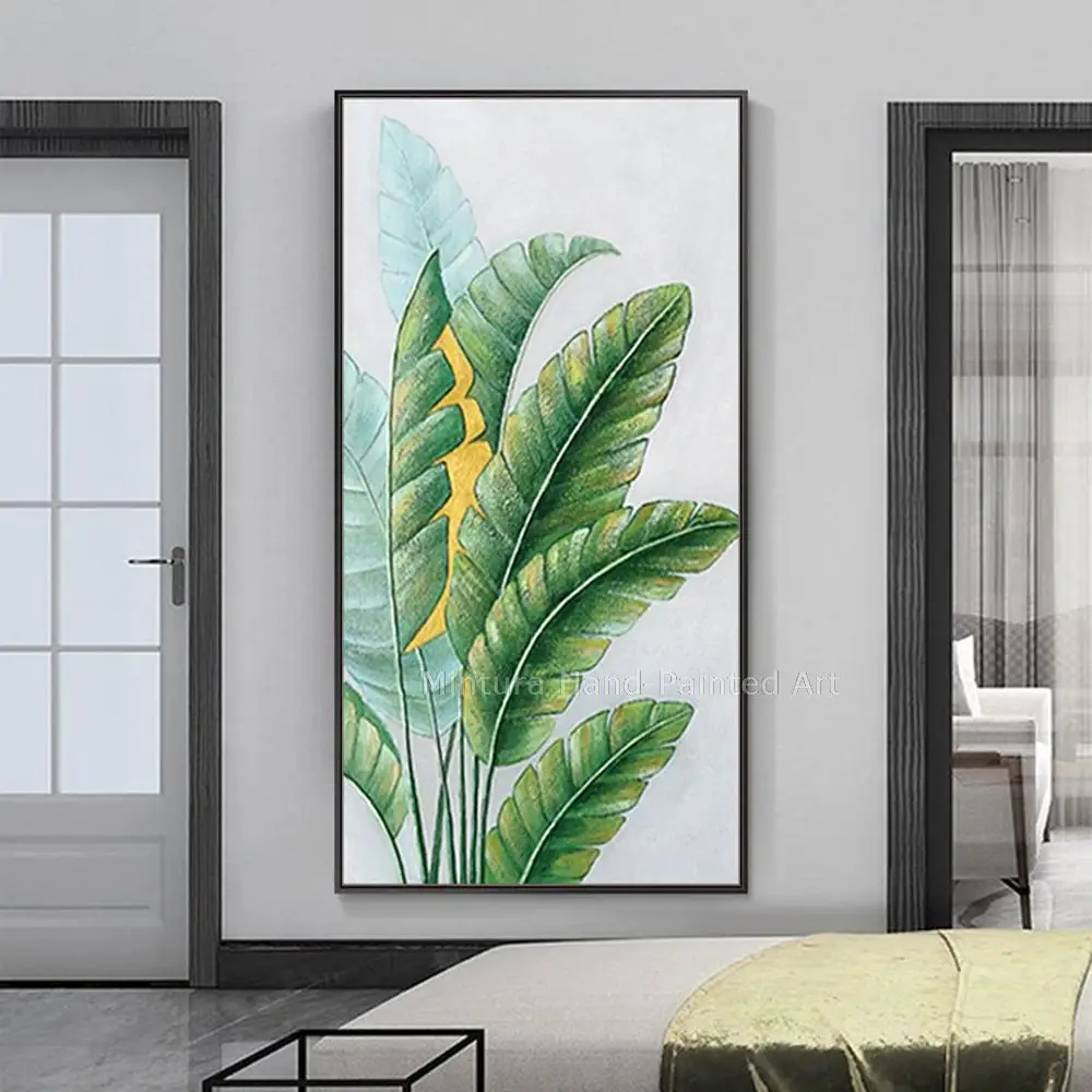 100% Handmade Handpainted Modern Landscape Green Banana Leaf Oil Paintings On Canvas,Wall Art,Picture For Living Room Home Decor