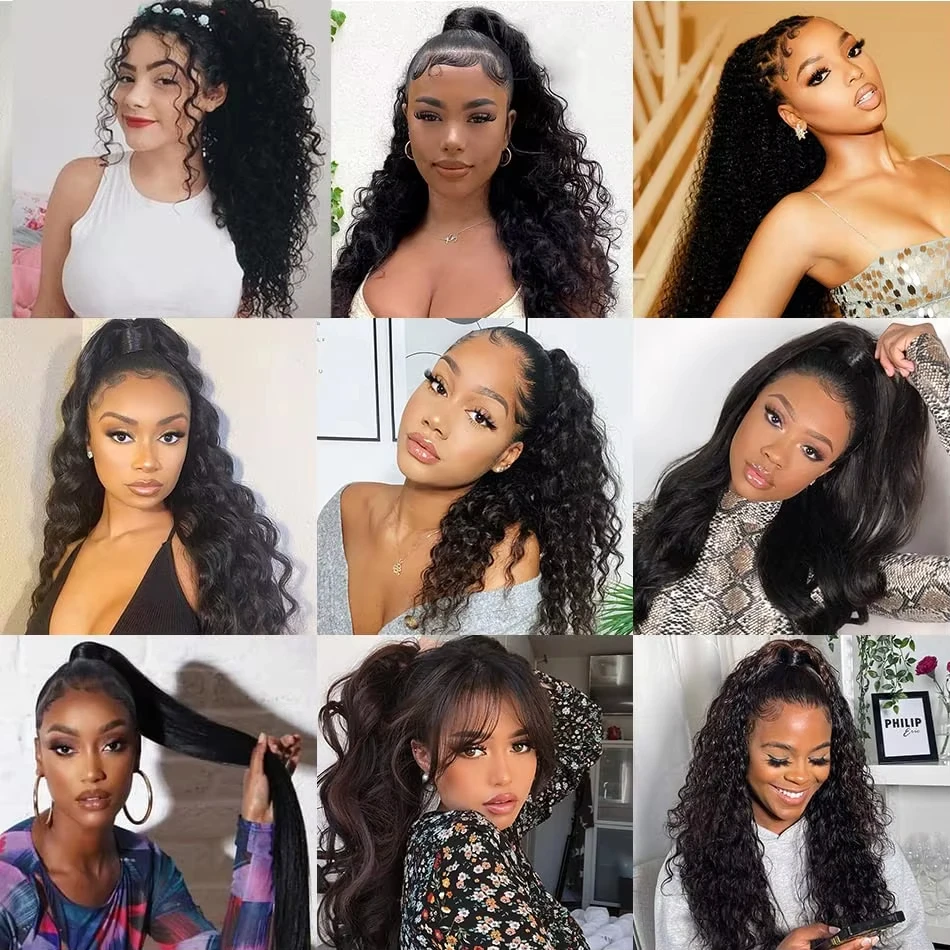 Water Wave Human Hair Ponytail Extensions with Wrap Around 12A Kinky Curly Straight Wave Brazilian Ponytail Human Hair for Women