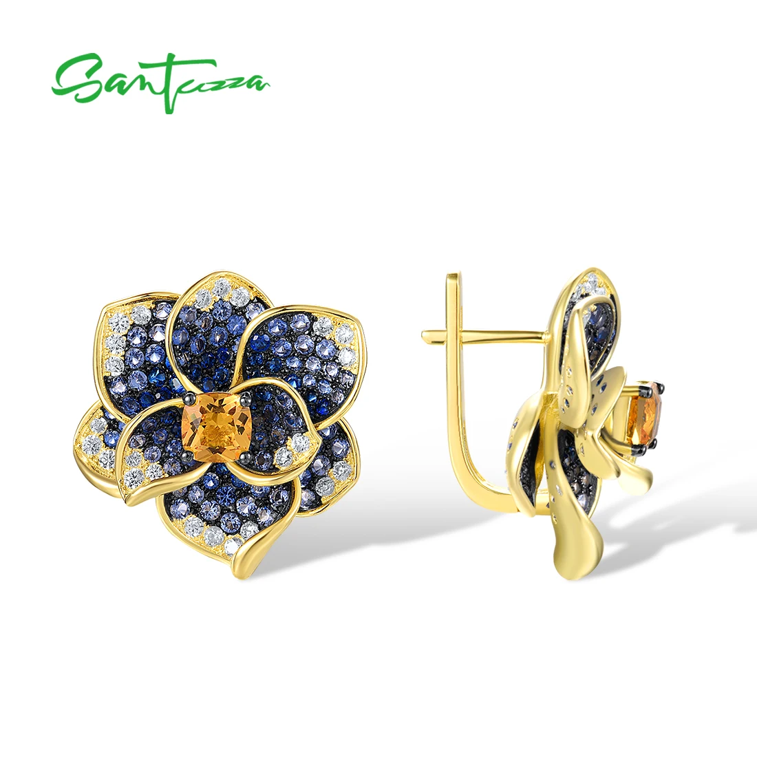 SANTUZZA Authentic 925 Sterling Silver Earrings For Women Blue Spinel Yellow Crystal Blooming Flower Elegant Party Fine Jewelry