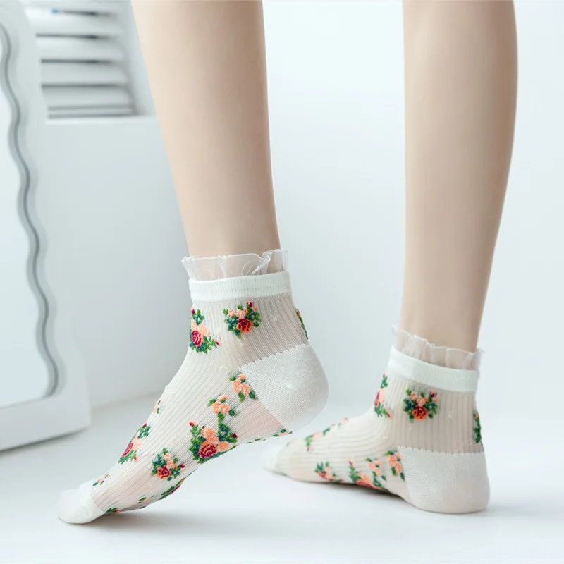 2023 neue Damen-Söckchen, Frühling und Sommer, dünn, atmungsaktiv, Spitzenbesatz, Blumenmuster, kurze Socken, japanische Kawaii-Socken mit niedrigem Schnitt für Frauen