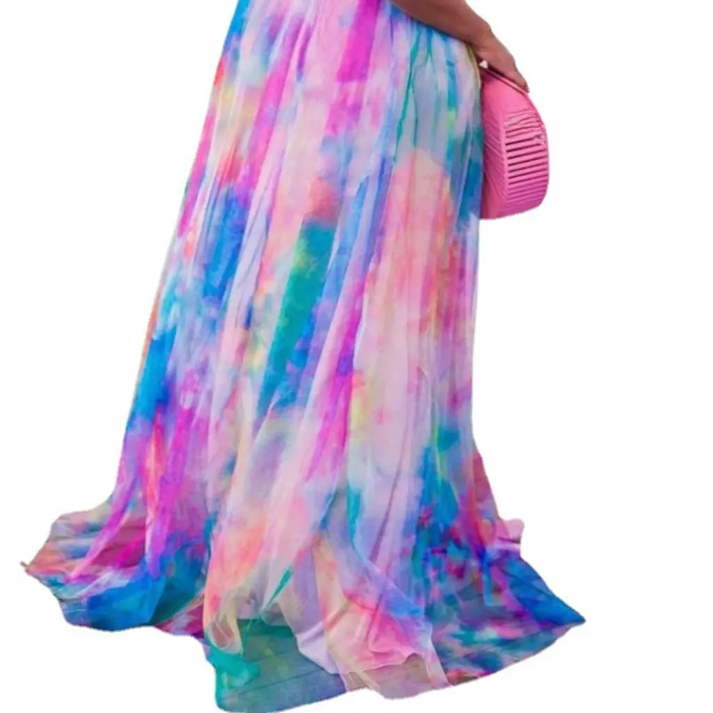 봄 여름 큰 사이즈 여성 프린트 스윙 드레스 유럽 미국 스타일 메쉬 출퇴근 패션 플러스 사이즈 의류