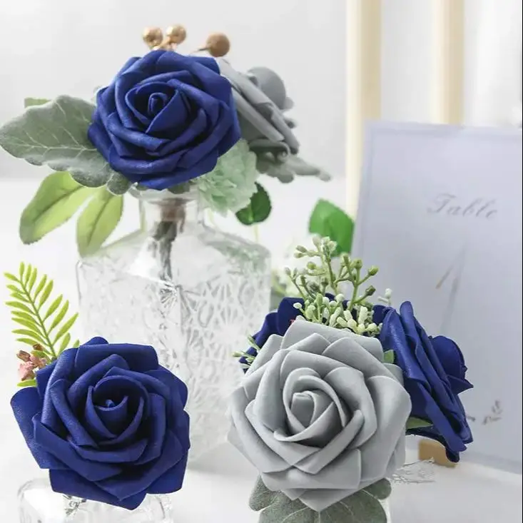Artificial Flowers 25pcs Real Looking Royal Blue Foam Fake Roses with Stems for DIY Table Centerpieces Party Home Decorations