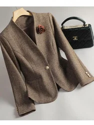 Korean Woman Autumn Winter Retro Brown Casual Long Sleeves Woolen Blazers Coat Commuting Office Lady Single Button Elegant Tops