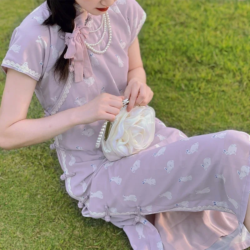 Summer Light Purple Cute Rabbit Print Modern Qipao Long Women's Full-front Opening Chinese Authentic National Style Cheongsam