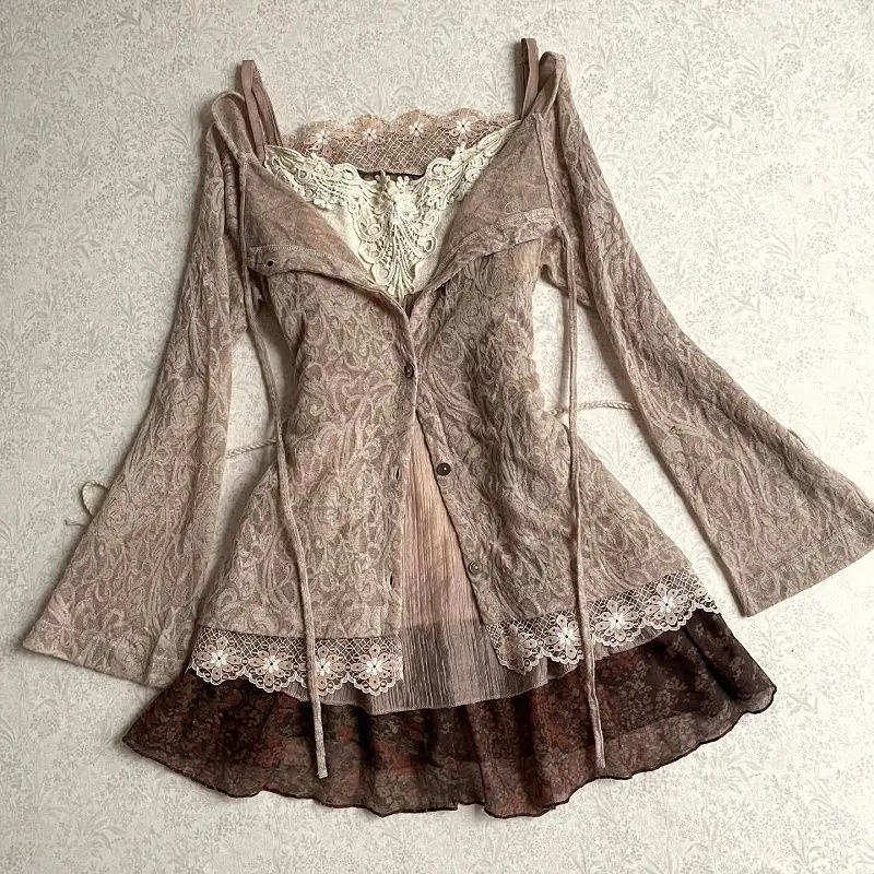 Vintage 2-Piece Set Dresses Japanese Harajuku Y2k 90s Sweet Coat+Dress Slim Lac…