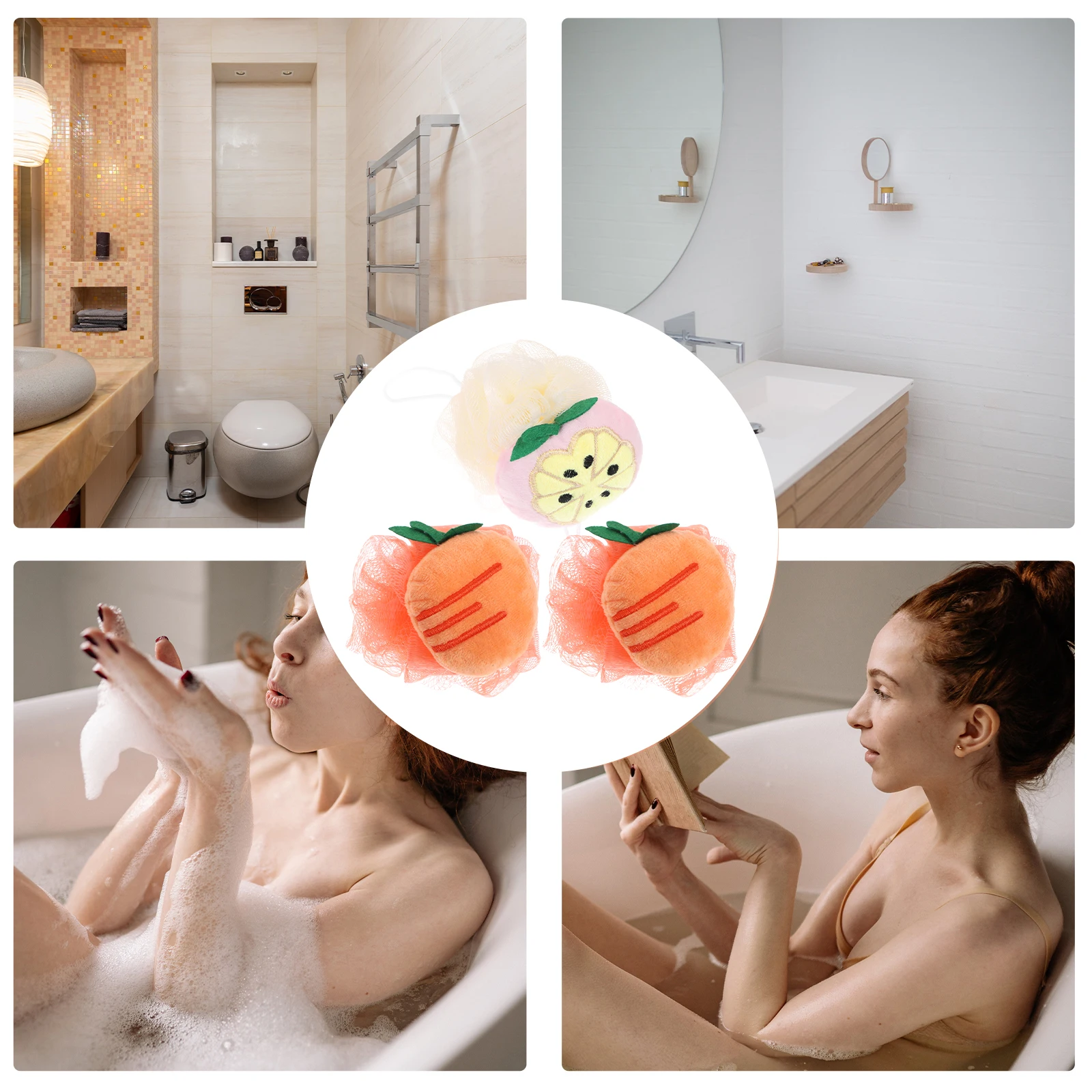 

3pcs Fruit Shower Ball Cotton Bath Scrubber Thick Supple Non-Skid Exfoliating Cleaning Tool For Home Travel Quick Dry Lanyard
