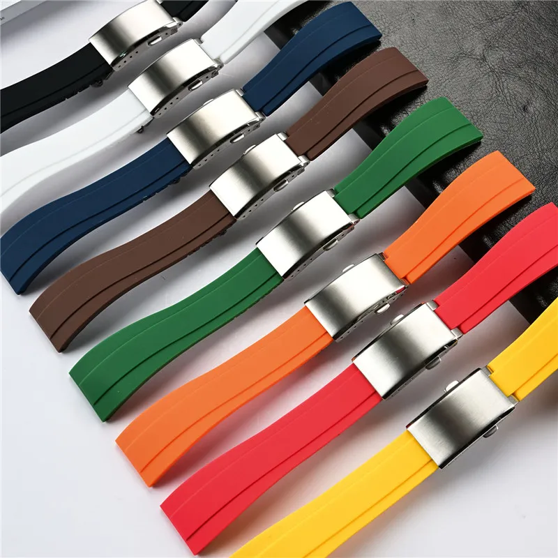 Silicone Watch Strap 20mm 22mm Folding Buckle Flat End Men Universal Replacement Bracelet Band for Rolex for Omega for Seiko