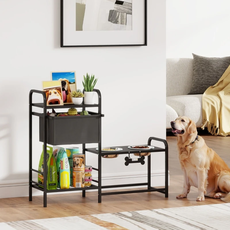 Support surélevé pour gamelles de chien, hauteur réglable, 2 bols en acier inoxydable de 800 ml avec rangement, distributeur d'eau et de nourriture de grande capacité pour animaux de compagnie, 35,4x10,6x29,1 pouces, noir