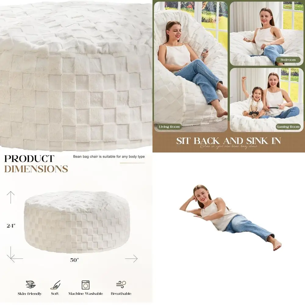 Adult 5FT Giant Bean Bag Chair with Fluffy Cover for Living Room or Bedroom, White