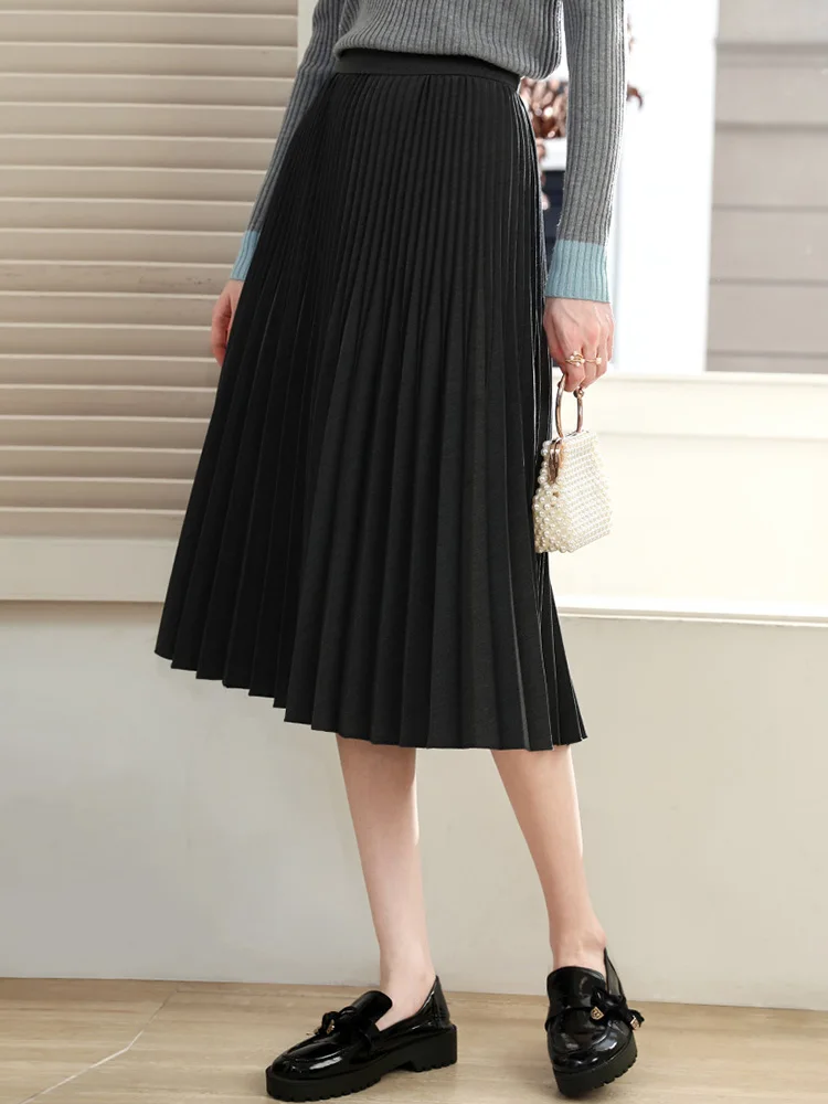 I BELIEVE YOU Women's Pleated Skirt 2025 Autumn Elegant Grey Elastic High-Waist A-Line Skirt Casual Midi Skirts 2253026161