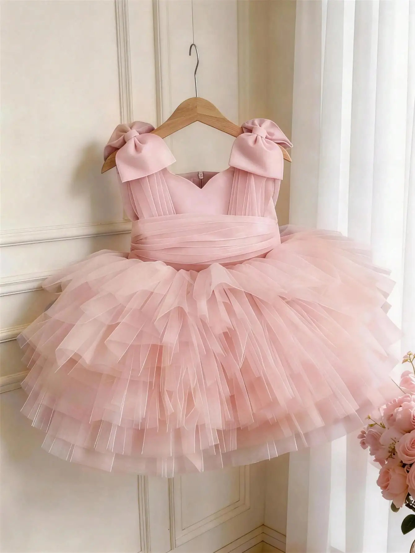 Girls' Bow-Knot Mesh Princess Dress Baby's First Birthday Party Dress Formal Occasion Wedding Flower Girl Dress