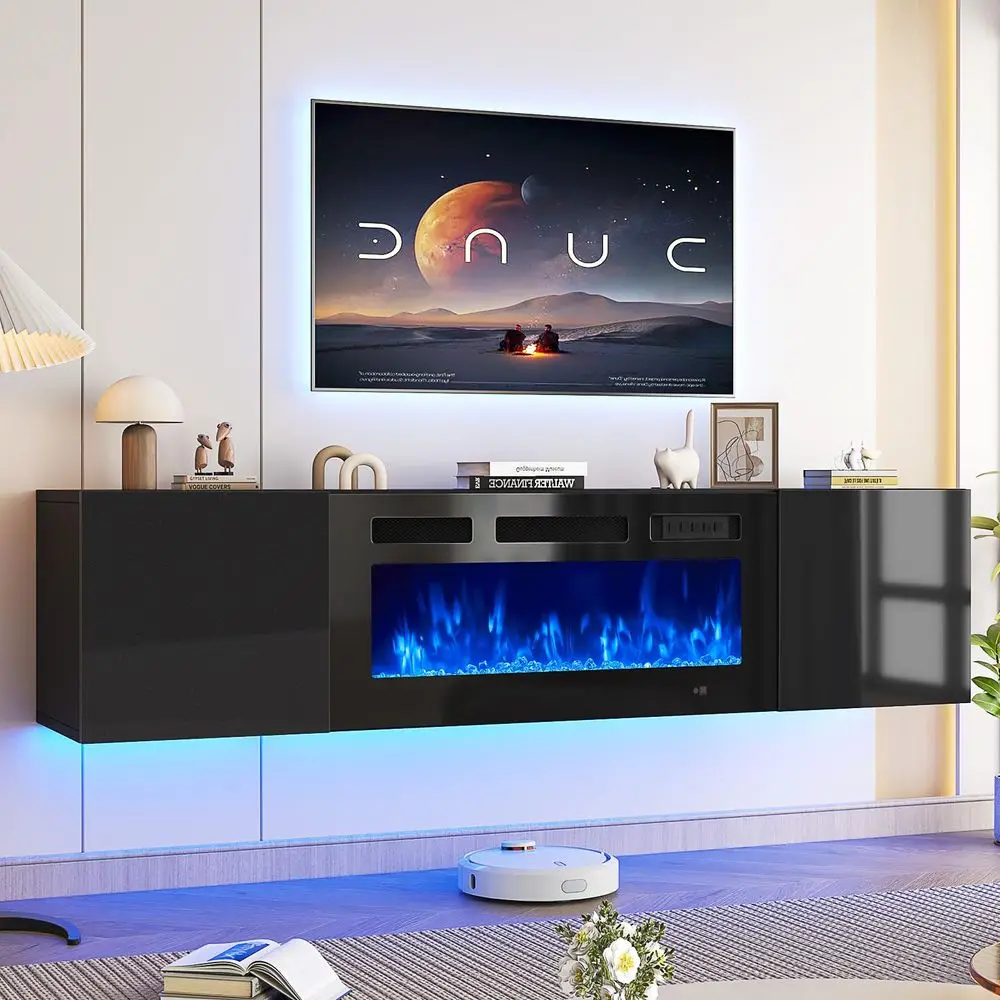 

70 Floating TV Stand with 36 Electric Fireplace, Wall Mounted Fireplace Entertainment Center with Storage, Fire Place TV Consol
