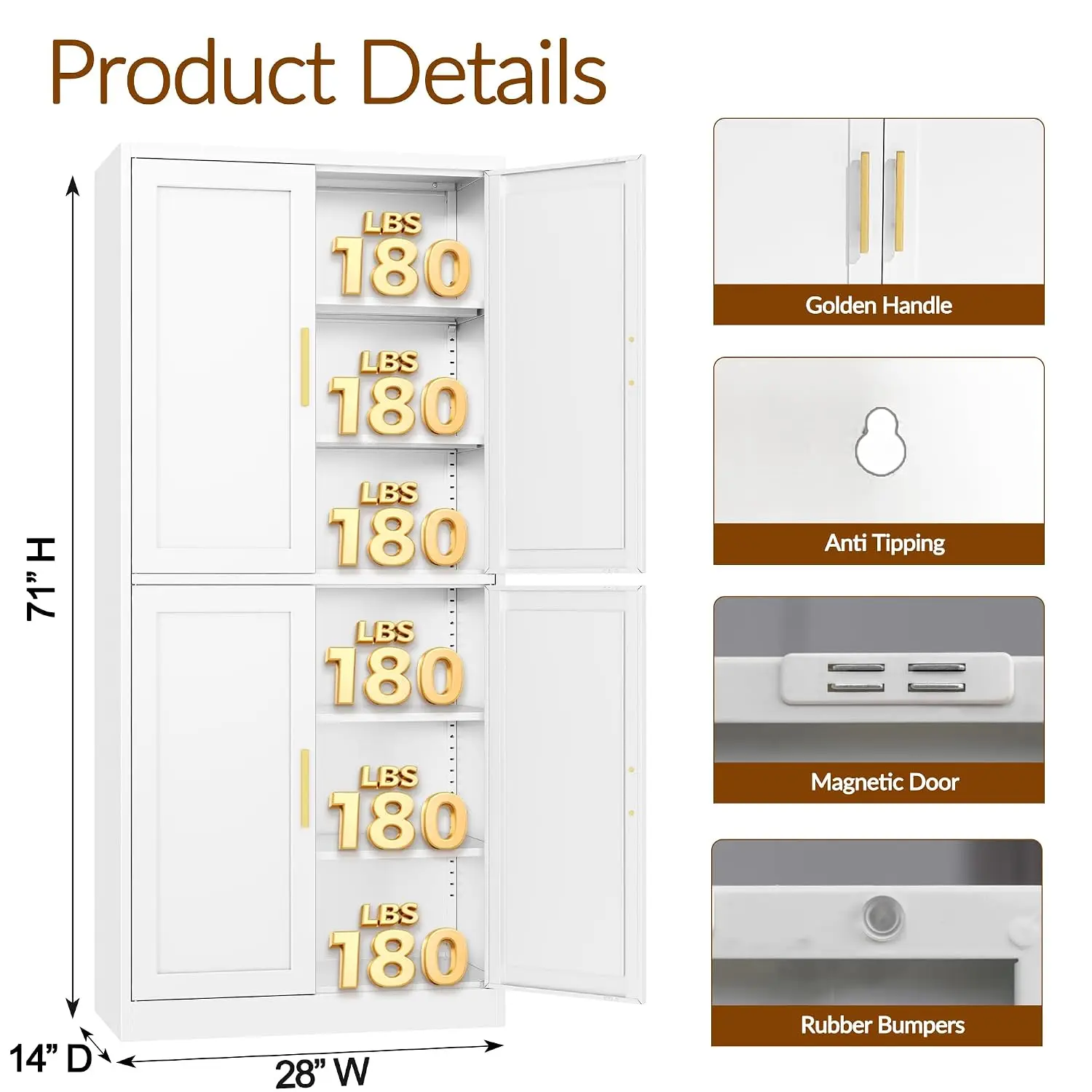 White Metal Storage Cabinet 71 Inch 4 Shelves & 4 Doors, Freestanding Pantry for Kitchen Living Room Dining Room, Customized