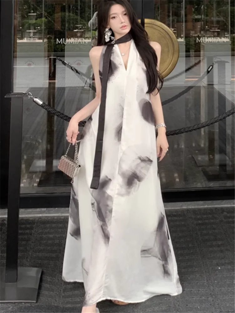 Vestido largo elegante con pintura china de hadas para vacaciones en la playa, novedad de verano 2025, vestido holgado con cuello en V y cinta para vacaciones en la playa