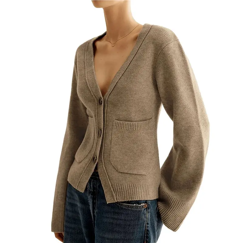 

CYL-Womens Deep V Neck Cardigan Sweaters Open Front Long Sleeve Cropped Knit Coats With Pockets