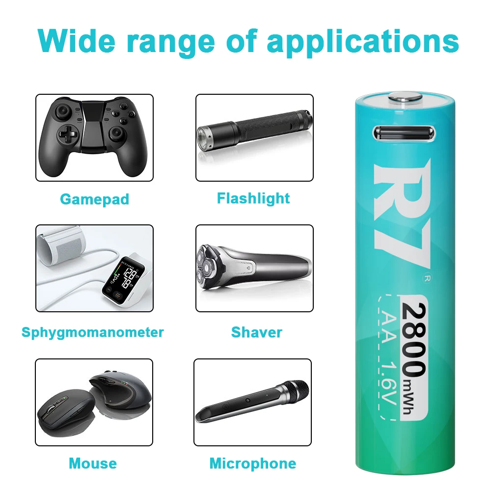 R7 2800mWh 1.6V AA Ni-Zn AA Rechargeable USB Battery Type-C Charging NIZN aa USB Batteries For Camera Toys + type-c Cable