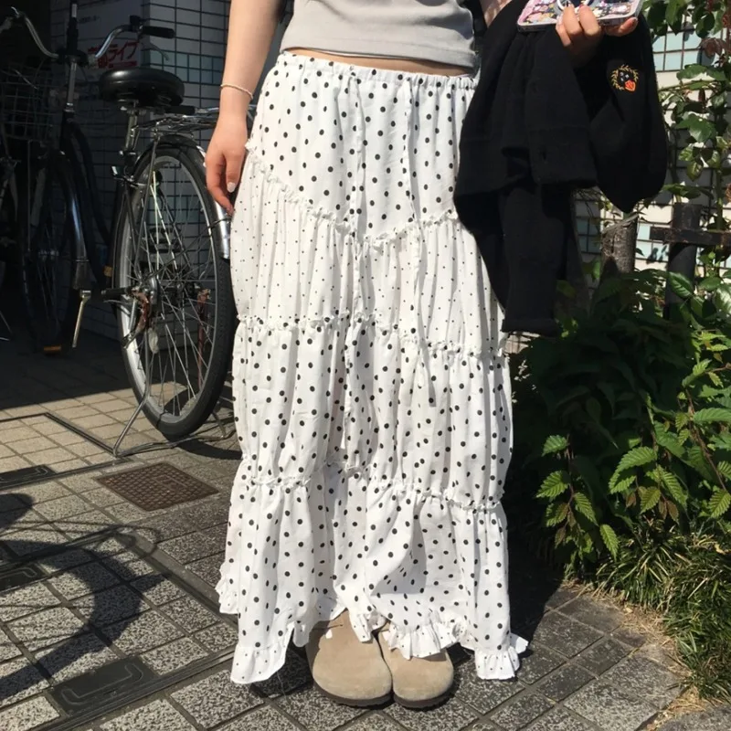 Harajuku Fashion Polka Dot Print Skirt Women Korea Causal Long Skirts Ruffly Ruched Spliced Sweet Simple Summer New Chic Skirts