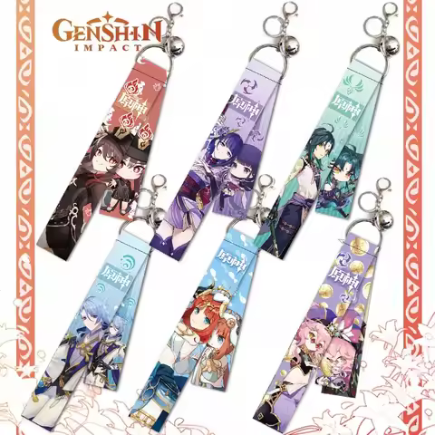 Anime Game Genshin Impact Ribbon Keychain Morax Hu Tao Nahida Furina Short Lanyard Strap Keyring Bag Pendant Decoration Trinket
