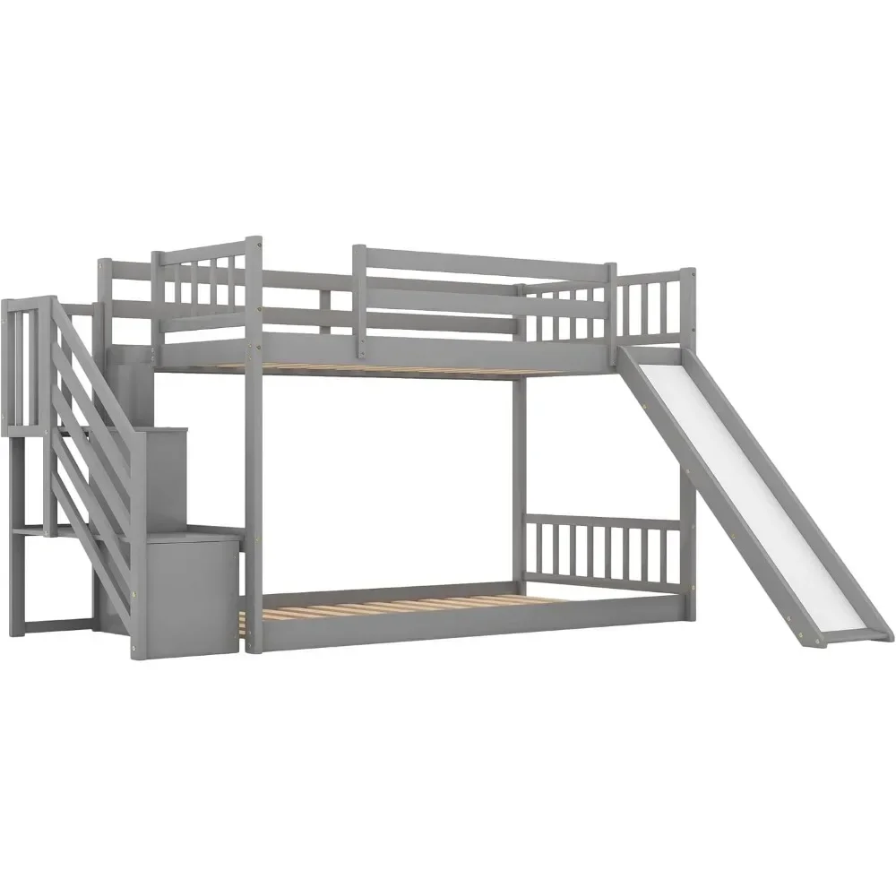 Twin Over Twin Low Bunk Bed with Convertible Slide Kids Montessori Floor Bunk Bed with Stairs, Gray 92.8"L x 42.3"W x 50.6"H