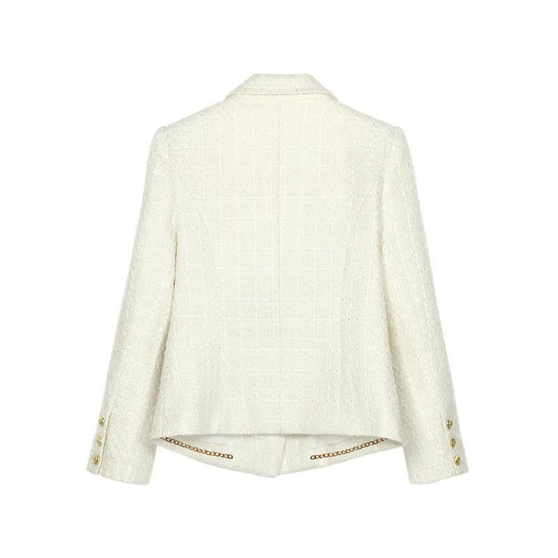 Women High Quality Metal Double-breasted Small Fragrance Suit Jacket Fashion Long Sleeve White Tweed French Suit Jacket