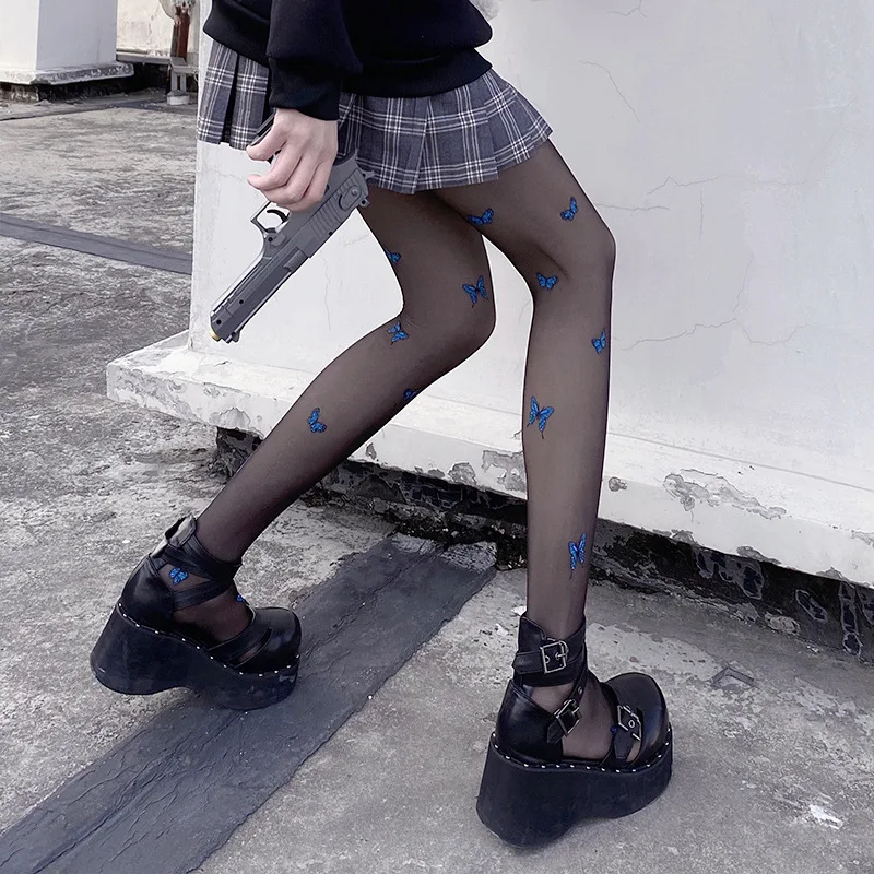 Black Silk Sexy Spring, Summer and Autumn Thin Blue Butterfly Printing Letter Tik Tok Trend Anti-hook Silk White Socks Children