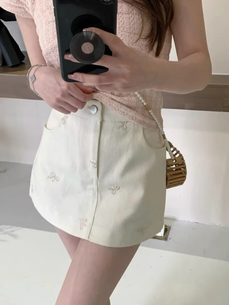 

Женская джинсовая юбка с высокой талией, вышивкой в виде банта, А-силуэт, короткая, цвета хаки, с защитой от просвечивания, милый образ