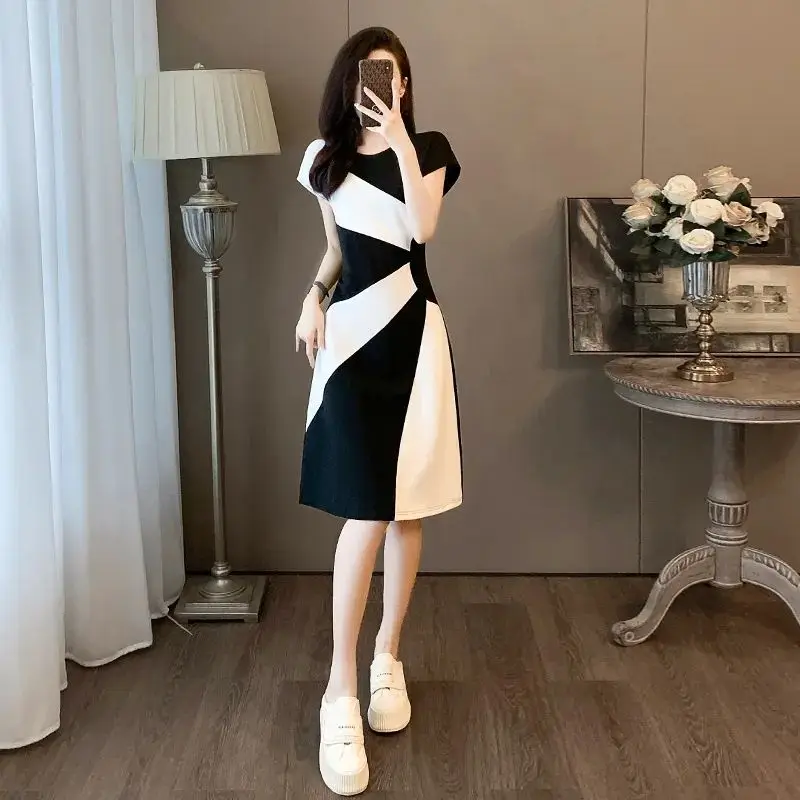 Fashion O-Neck Spliced All-match Color Short Sleeve Dress Women\'s Clothing 2024 Summer New Loose Commuter Elegant Dress