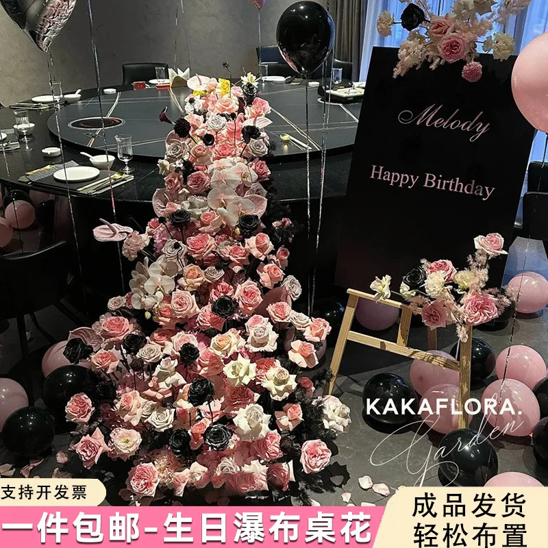 

Waterfall table flower simulation rose wedding ornament hotel dining table row birthday waterfall flower decoratio