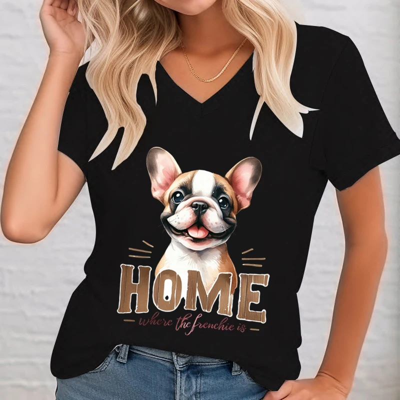 Cute French Bulldog T-Shirt Women Print Cartoon Animal Lovers Tshirts Short Sleeve V-Neck Fashion Brand French Bulldog T Shirt