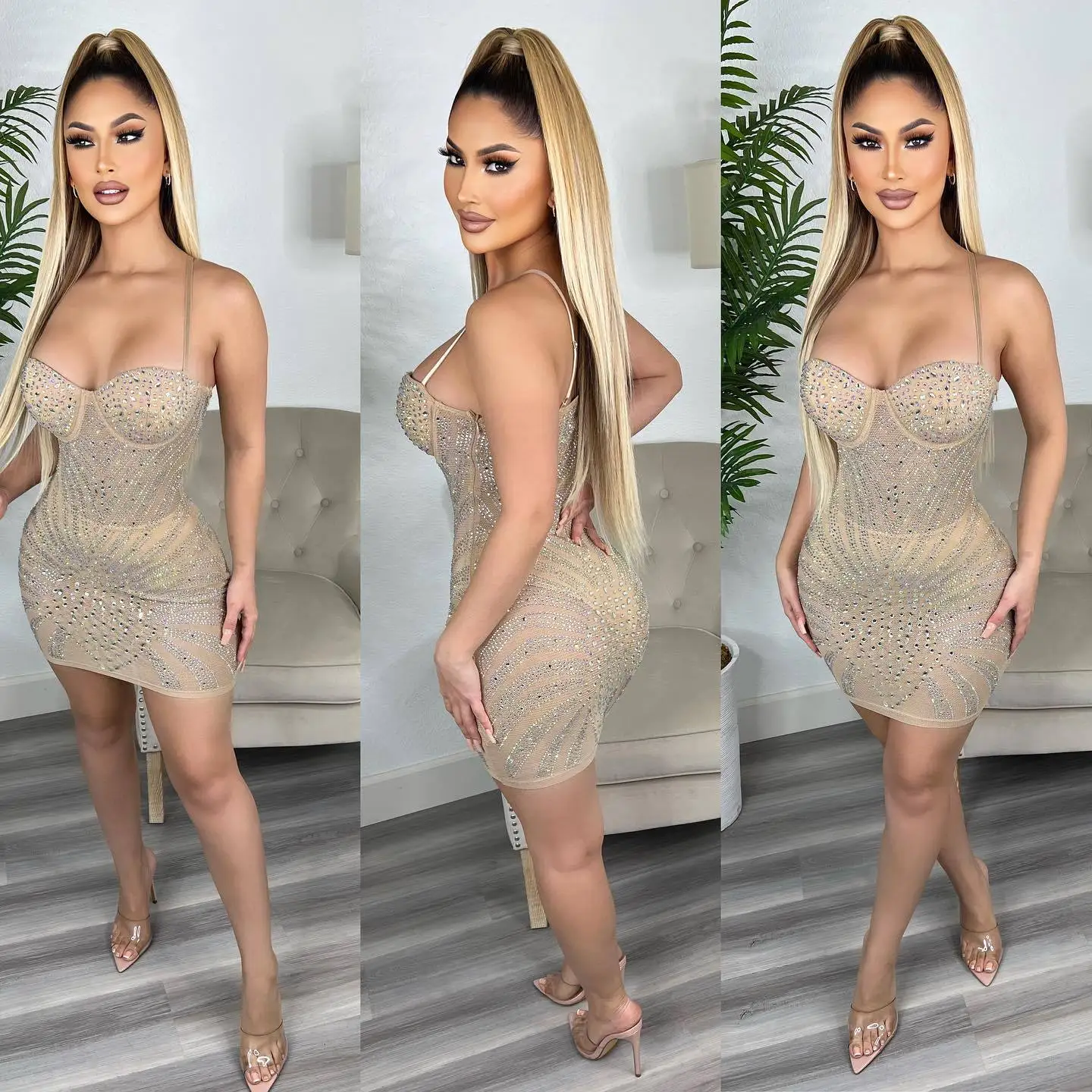 

SKMY Sexy Diamond Dress Spaghetti Strap See-Through Bodycon Dress Solid Color Nightclub Party Outfits For Women 2024 Summer New