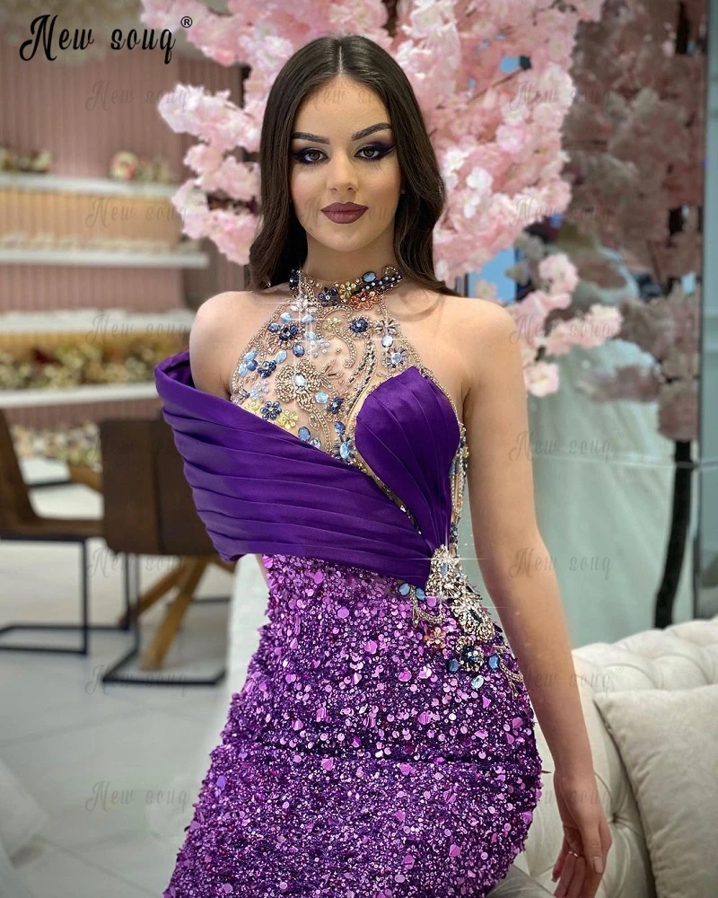 Elegant Purple Sequins Party Dress Handmade Beaded Crystals Evening Night Gowns Mermaid Floor Length Wedding Party Gowns Dubai