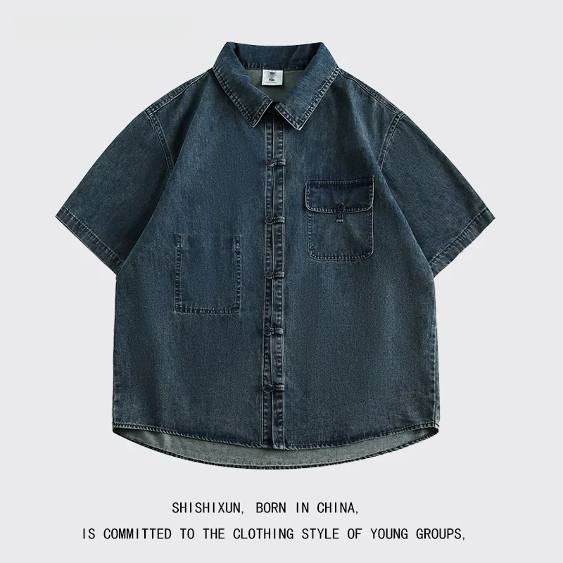 

Retro Waed Summer Denim irt ort Sve ex Loose Fit Iron Free Regular Thin Five Button Closure Pure Color