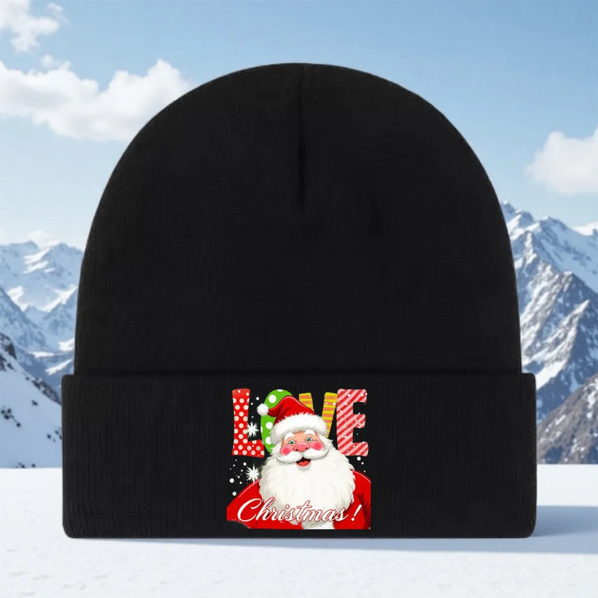 Santa Claus Christmas Beanie Hat Unisex Winter Warmth with Santa Face Snowflake Print, Stretchy Knit Beanie for Men Women