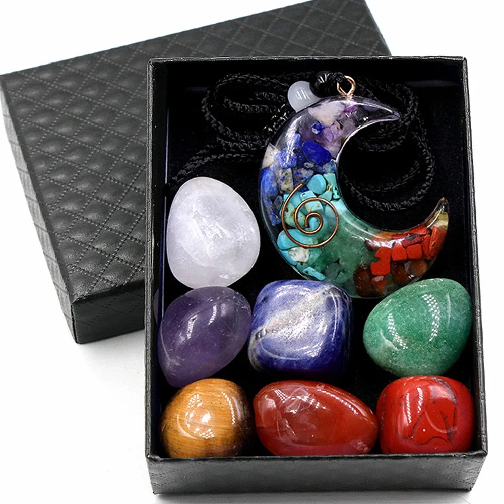 

Seven Chakra Tumbled Stones Set Healing Crystal with Orgone Moon Star Pendant Spiritual Yoga Meditation Gifts