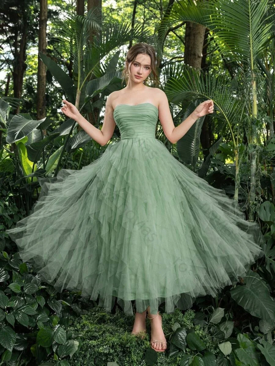 Wysokiej jakości elegancka zielona suknia wieczorowa z tiulu do kolan, bez ramiączek, bez rękawów, na studniówkę, sznurowana, suknia na przyjęcie, szyta na miarę.